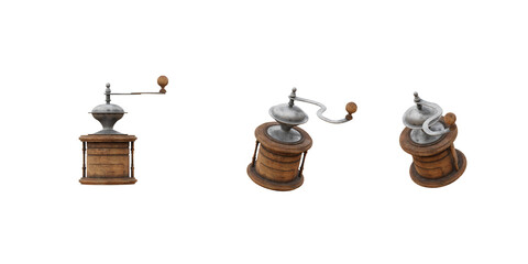 Isolated cutout 3d render of vintage coffee grinder in 3 different view option