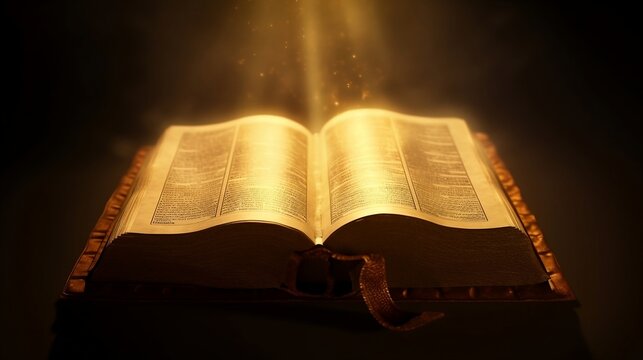 Light shining on an open bible, Shining Holy Bible - Ancient Book On Old Table