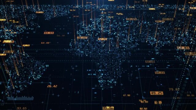 Forex trade with digital world map. Financial trading prices. Global finance exchange index concept. Cryptocurrency or stock market chart and data. Bitcoin BTC and ethereum ETH background