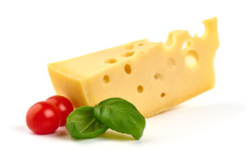 Maasdam cheese block, isolated on white background. High resolution image.