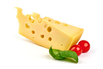 Maasdam cheese block, isolated on white background. High resolution image.