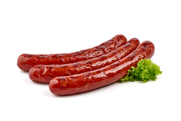 Grilled pork sausages, isolated on white background.