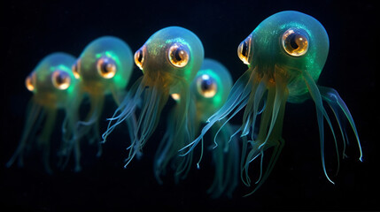 Bioluminescent squid in the deep waters, Marine organisms, Life of the sea, Underwater world, Aquatic organisms, Sea breeze, Ecosystem, Ocean, Tide, sea, mystery of life, sea creatures, animals,