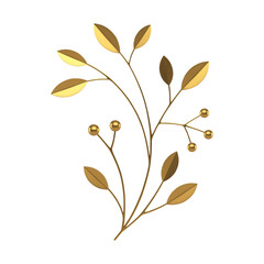 Golden tree branch with stem leaves and berries premium decor element 3d icon realistic vector