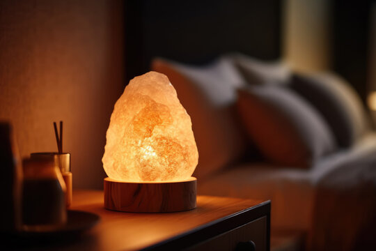 Himalayan pink salt lamp on bedside table glows against blurred dark bedroom background. Generative AI.