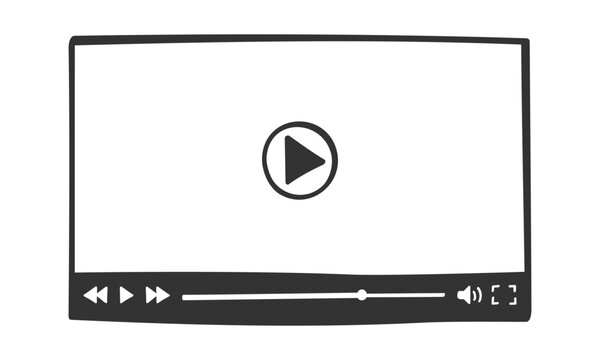 Video player template in doodle style. Hand drawn online movie digital screen with buttons and loading slider bar. Multimedia app window simple design. Vector graphic illustration