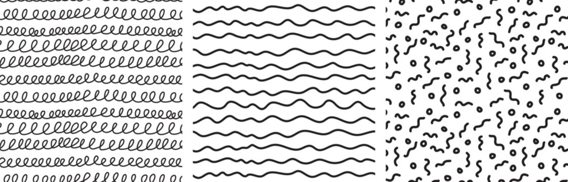 Collection of three black and white hand drawn seamless patterns. Doole abstract vector set.