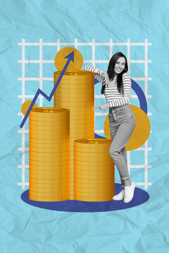 Vertical Collage Of Black White Colors Mini Girl Point Finger Huge Pile Stack Money Coins Growing Arrow Upwards Isolated On Paper Background