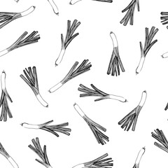 Vector hand-drawn seamless pattern with leek in sketch style. Endless texture with fresh vegetable isolated on white.