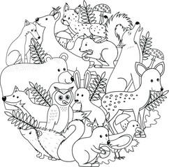 Circle shape doodle coloring page with forest animals. Activity for kids, coloring book, worksheet, amusement, fun.