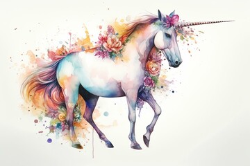 Naklejka na ściany i meble Adorable watercolor unicorn with whimsical floral elements. Generative AI