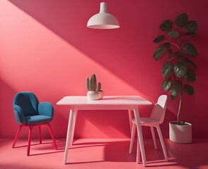 Empty table on bright pink wall background with beautiful shadow on the wall. Empty space for placing text. Colorful pink room concept. Generative AI.