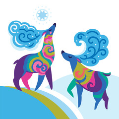 Folk deers illustration. North motif. Vector illustration - 605680273
