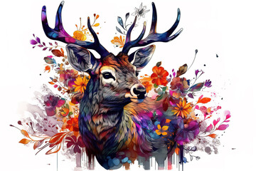 Image of a painting a deer head with colorful tropical flowers. wildlife. Animal. illustration, Generative AI.