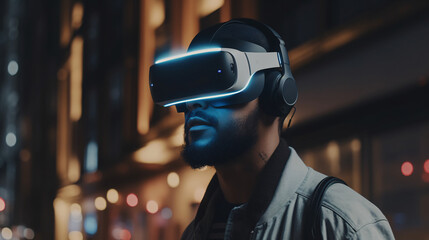 person with virtual reality headset, exploring futuristic city, virtual reality headset | Ai generated