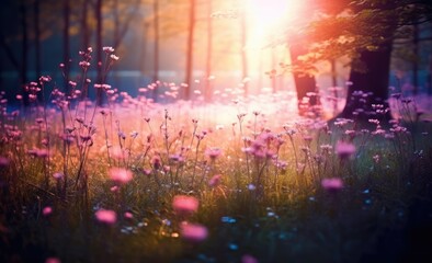 Fototapeta premium Envision a captivating spring background, with a blooming glade, trees, and a blue sky softly blurred on a sunny day. A natural spectacle, crafted by AI 