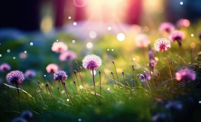 Fototapeta premium Experience a spring background with nature's beauty in full display; a blooming glade blurred, trees, and a blue sky enhancing the sunny day. A refreshing sight, created by AI 