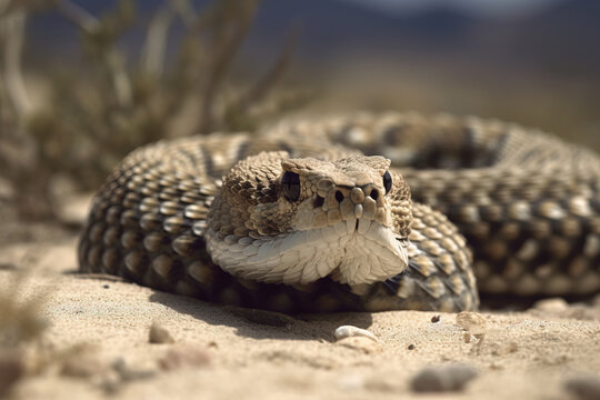 Image of rattlesnake on the sand. Reptile. Wild Animals. Illustration. Generative AI.