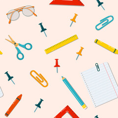 Back to school seamless pattern. Colorful doodle illustration with school supplies. Scissors, pins, clips, glasses, pencil, paper and ruler. Vector background 