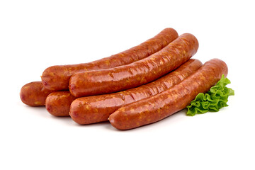 Smoked pork sausages made from minced meat isolated on white background.