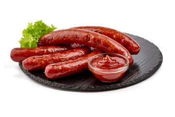 Grilled pork sausages, isolated on white background.