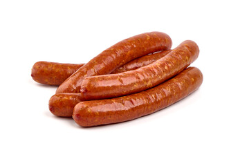 Smoked pork sausages made from minced meat isolated on white background.