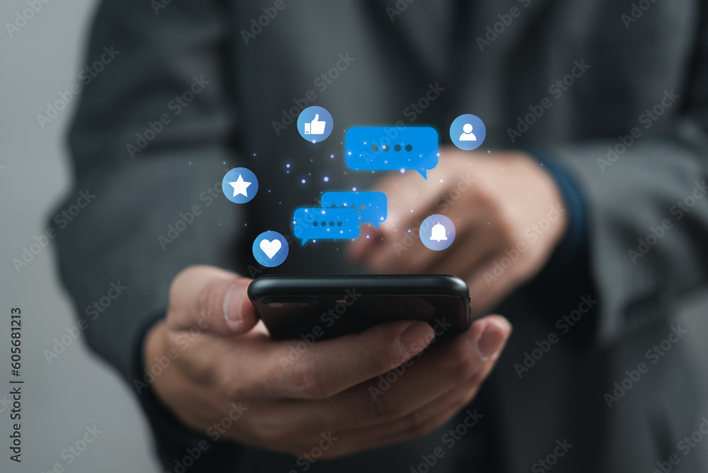 Poster communication digital web and social network concept. man using smartphone chat and communication on