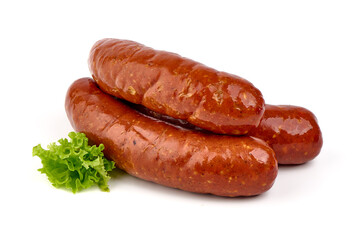 Smoked german sausages, isolated on white background.