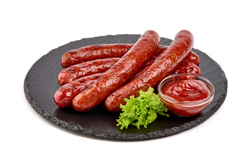 Grilled pork sausages, isolated on white background.