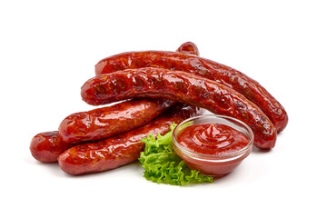 Roasted sausages, barbecued sausages, isolated on white background.