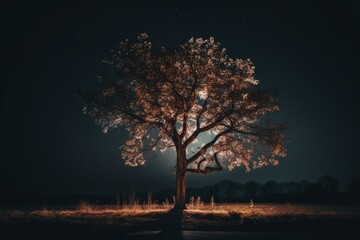 Naklejka na ściany i meble Tree at nightfall. Generative AI