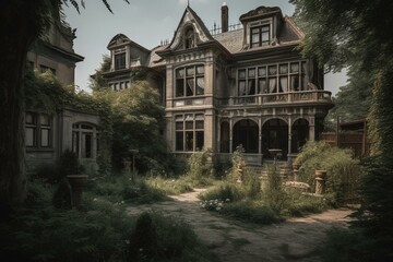 Fototapeta na wymiar An antique mansion set amidst a row of abodes. Generative AI