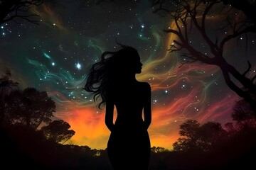 A silhouette of a woman standing against the background of a mysterious shining sky. Dreamy fantasy
