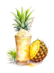 Pineapple milk cocktail on white background in watercolor style. Generative AI. 