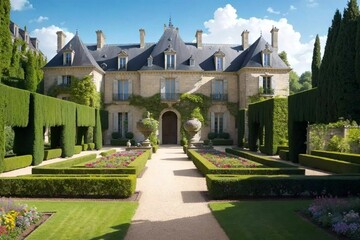 Illustration of a Renaissance architecture style French Castle in a French Garden on a beautiful summer day - Generative AI 