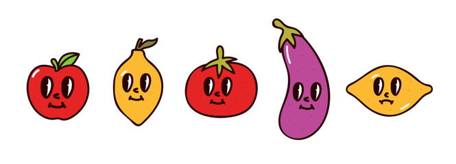 Groovy fruit and vegetable in cartoon psychedelic style. Retro, vintage mascot set. Comic characters (Full Vector)
