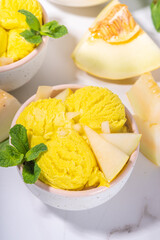 Homemade melon ice cream balls in portioned bowls, with slices of fresh cantalupa melon and mint leaves