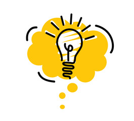 Bright yellow speech bubbles with icons light bulb. Concept ideas or insight.