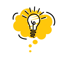 Foto op Plexiglas Bright yellow speech bubbles with icons light bulb. Concept ideas or insight. © kornetka