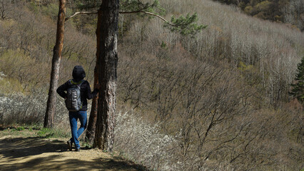 Naklejka premium tourist enjoys vacation on mountains. Woman makes photos of mountain hills