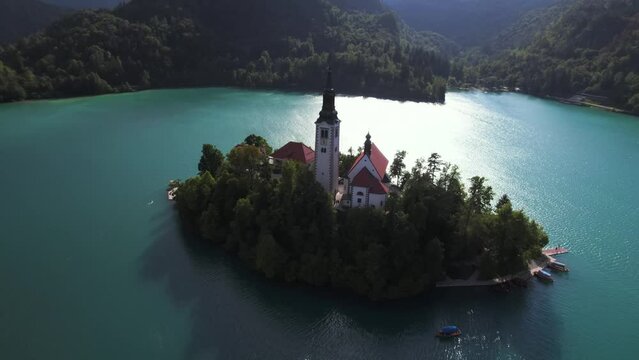 Aerial panoramic drone view of Bled Island with St. Mary's Church, Lake Bled (Veldes) (Blejsko jezero), Bled (Veldes) (Feldes), Upper Carniola Region (Gorenjska), Slovenia, Balkans