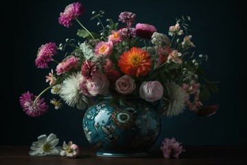 Vase filled with blooming flowers. Generative AI