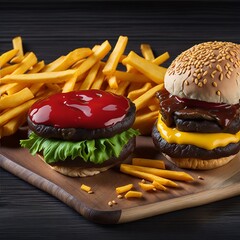 Craft beef burger and french fries on a wooden table melting cheeses isolated on black background generated by ai