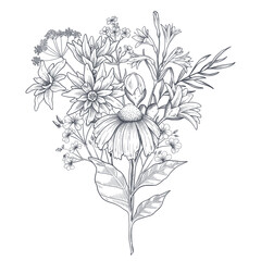 A bouquet of early spring flowers. Botanical style of engraving illustration. Vector. Black and white
