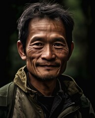 Obraz premium Smiling Man Hiking in Forest, Mature Hiker Photorealistic Portrait Illustration [Generative AI]