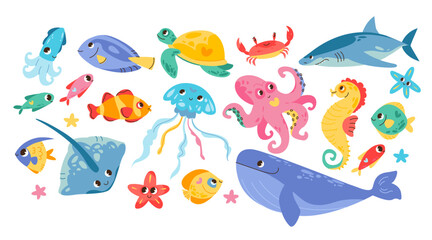 Cute sea animals and fish. Cartoon vector characters with smiling faces.
