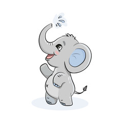 Cute cartoon elephant poured water from his  trunk. Vector illustration 
