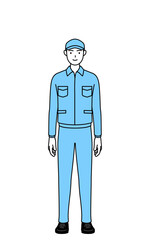正面を向いた笑顔の帽子と作業着姿の男性