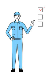 チェックリストを指さす帽子と作業着姿の男性