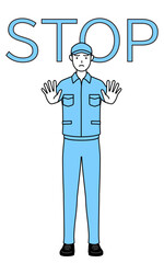 ストップの合図、体の前に手を突き出す帽子と作業着姿の男性